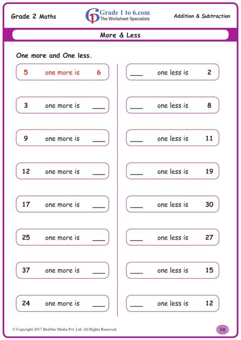 Mental Maths Worksheets Grade 2, One More One Less Worksheet, Worksheet Grade 2, Math Worksheets For Grade 1, 2 Digit Subtraction, One More One Less, Mental Maths Worksheets, Math Fact Worksheets, Mental Maths