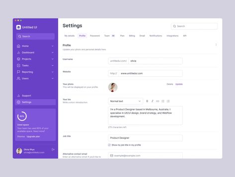 Profile settings page — Untitled UI by Jordan Hughes on Dribbble Form Design Web, Dashboard Design Template, Shop Banner Design, Profile Settings, Web Dashboard, Card Ui, Desktop Design, Dashboard Template, App Interface