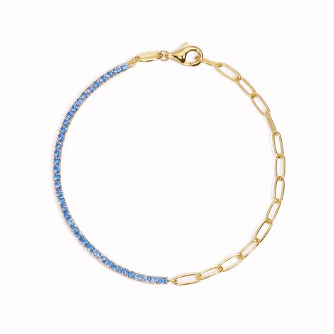 Gold Tennis Bracelet (Half) - Blue | Linjer Jewelry Solid Opal Ring, Gold Tennis Bracelet, Generation Z, Gold Link Chain, Gold Jewelry Simple, Gold Link, Sustainable Jewelry, Hand Jewelry, Traditional Jewelry