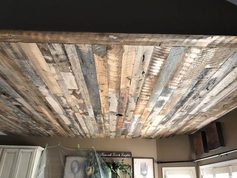 Reclaimed barn wood ceiling | GALLERY Barn Tin Ceiling, Barnwood Accent Wall, Barn Wood Ceiling, House Character, Reclaimed Wood Ceiling, Mountain Vintage, Barn Tin, Farmhouse Ceiling Fan, Warehouse Design