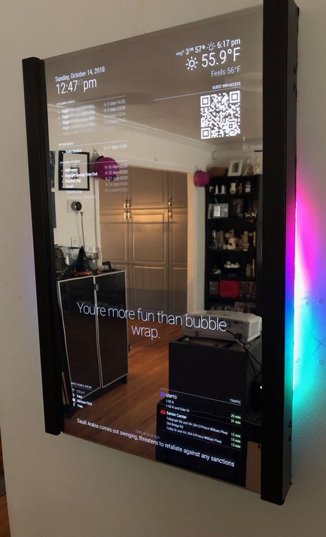 Cool Wall Mirror, Diy Magnet Wall, Smart Mirror Touchscreen, Safe In Office, Cool Mirror Ideas, Smart Mirror Diy, Smart Home Ideas, Digital Mirror, Best Home Automation