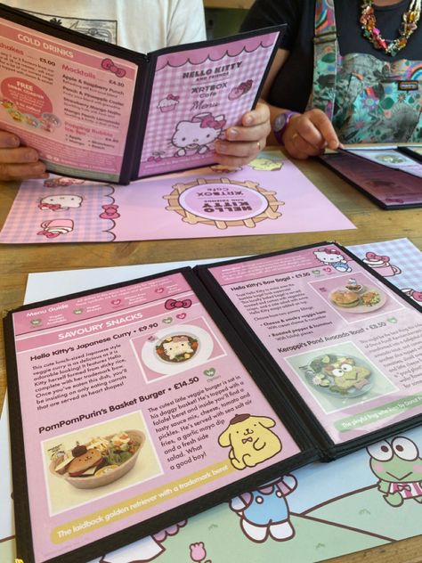 #hellokitty #mymelody #kuromi #keroppi #kawaii #coquette #cafe #ldr #pompompurin #chococat #japanese #cute #cinnamaroll #brighton #london Sanrio Restaurant, Cafe Menu Aesthetic, Coquette Cafe, Pompompurin Cafe, Sanrio Cafe, Cafe Hello Kitty, Brighton London, Cafe Menu Boards, Kawaii Coquette