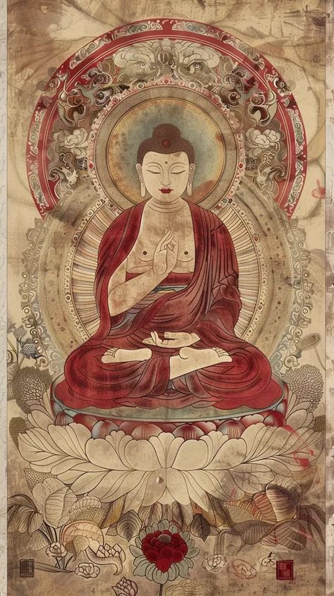 The image is a painting of Buddha sitting on a lotus flower. He is surrounded by a halo and is making a mudra with his hands ->> more details in ai-img-gen.com Buddha Hand Painting, Chinese Buddha Painting, Buddha Illustration Art, Painting Of Buddha, Lady Buddha, God Buddha, Chinese Folklore, Chinese Buddha, Buddha Art Painting