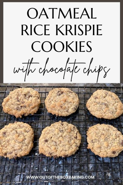 Oatmeal Rice Krispie Cookies with Chocolate Chips Crispy Oatmeal Chocolate Chip Cookies, Cookies With Rice Krispies, Rice Krispie Cookies, Chewy Oatmeal Cookies Recipe, Crispy Oatmeal Cookies, Yummy Oatmeal, Rice Krispies Recipe, Chocolate Rice Krispies, Quick Oatmeal