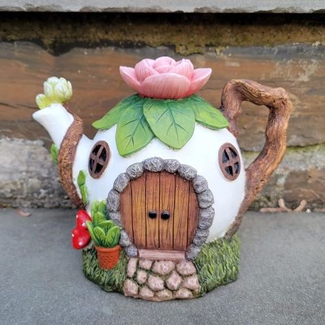 Fairy Teapot House, Fairy House Pottery, Fairy House Teapot, Fairy Clay Mug, Ceramics Fairy House, Fairy Garden House, House Patio, Fairy Home, Fairy Garden Houses