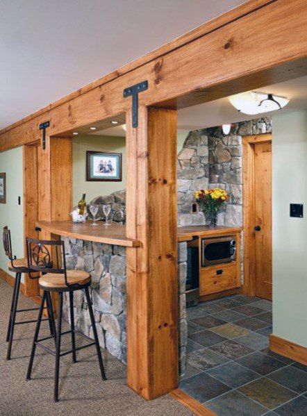 Top 50 Best Basement Pole Ideas - Downstairs Column Cover Designs Basement Poles, Basement Bar Design, Rustic Basement, Basement Bar Designs, Desain Pantry, Home Bar Design, Basement Windows, Rustic Bar, Home Bar Designs