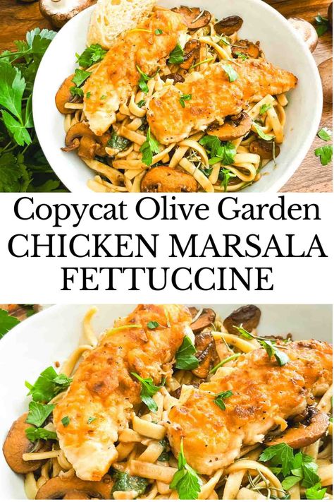 This Copycat Olive Garden Chicken Marsala Fettuccine recipe is an easy restaurant pasta to make for dinner! A rich and hearty Italian mushroom sauce with spinach and chicken. Olive Garden Chicken Marsala Fettuccine, Chicken Marsala Fettuccine, Olive Garden Chicken Marsala Recipe, Copycat Olive Garden Chicken, Restaurant Pasta, Fettuccine Recipe, Olive Garden Pasta, Olive Garden Chicken, Chicken Marsala Easy