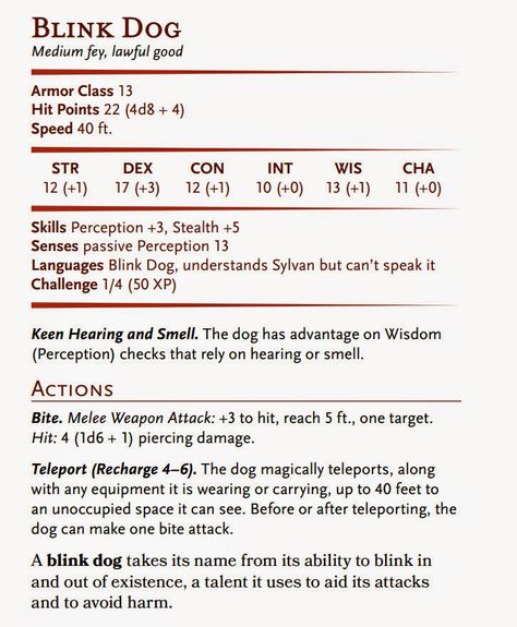 Blink Puppy Dnd, Dnd Blink Dog, Blink Dog Dnd Art, 5e Enemies, Dnd Magic School, 5e Homebrew Monster, Fey Animals, Blink Dog, Dnd Familiar