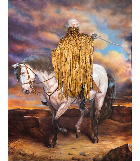 George Washington sits astride a white horse; one outstretched arm grasps a saber pointed towards an unseen field of battle. Covering his face and the top portion of his torso is a cascade of shredded strips of canvas, each featuring a painted name that appears to be written in Washington’s own hand. If pieced together, … Titus Kaphar, Black Figure, Historical Painting, Cleveland Museum Of Art, British Art, Museum Exhibition, White Horse, Black Artists, Western Art