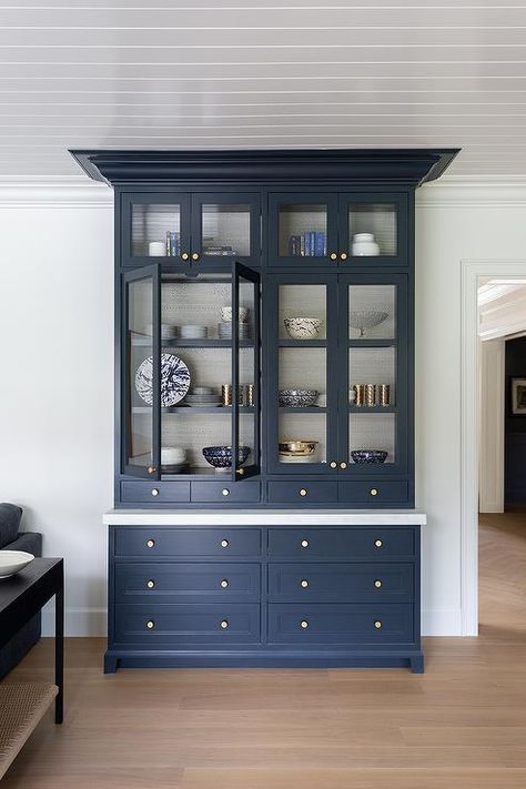 Blue China Cabinet with Glass Doors - Transitional - Living Room Blue China Cabinet, Gold Metallic Wallpaper, Cabinet Glass Doors, Cabinet With Glass Doors, Feature Wallpaper, Transitional Living, White Shelves, Blue Cabinets, Beige Wallpaper