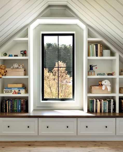 Attic Window Bench, Attic Office And Tv Room, Sloping Roof Bookshelf, Long Narrow Attic Bedroom, Library Vaulted Ceiling, Built In Bookshelves Attic, Attic Room Office Slanted Ceiling, Bonus Room Angled Ceilings, Large Attic Ideas