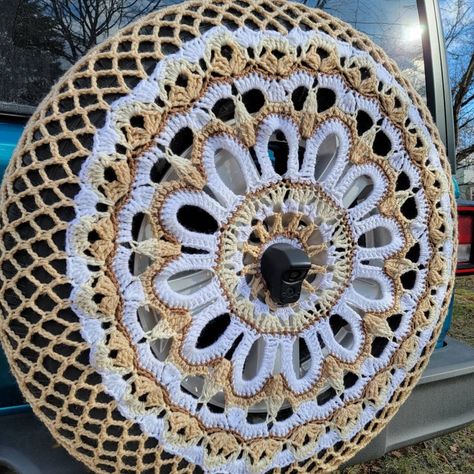 "Crochet Tire Cover 🤩" Jeep Wrangler Tire Cover With Camera, Jeep Wheel Cover Spare Tires, Crochet Tire Cover Pattern Free, Crochet Jeep Tire Cover, Tire Covers For Jeeps, Crochet Tire Cover, Crochet Spare Tire Cover, Cool Jeep Accessories, Jeep Wrangler Tire Covers