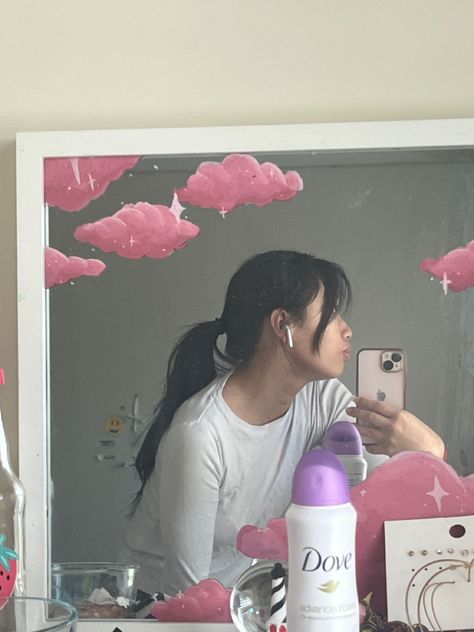 Iphone 13 Pink Mirror Selfie, Iphone 13 Pink Aesthetic, Side Profile Aesthetic, Aesthetic Iphone 13, Iphone Mirror Selfie, Iphone Selfie, Clouds Pink, Cloud Mirror, Iphone Airpods