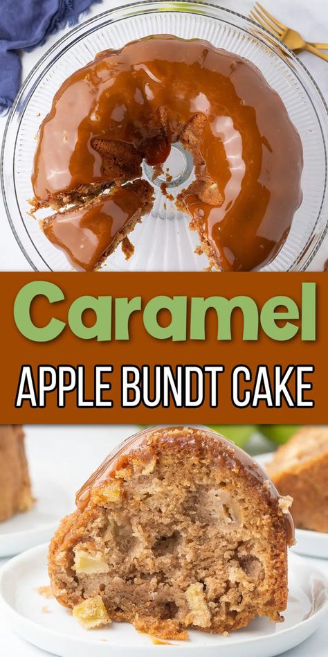 Apple cake with chunks of apples and cinnamon with caramel sauce with Pinterest overlay. Apple Bunt Cake, Caramel Apple Bundt Cake, Caramel Apple Upside Down Cake, Upside Down Bundt Cake, Apple Bundt Cake Recipes, Popular Desserts Recipes, Apple Bundt Cake, Fresh Apple Cake, Caramel Apple Cake