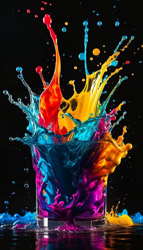 Colored splashes and drops of liquid paint fall into a vase or a glass and, reflecting, fly in the air on a black royalty free stock photo Fly Air, Black Royalty, Liquid Paint, Black Photo, Vector Banner, Abstract Color, Black Backgrounds, Glass Vase, Royalty Free Stock Photos