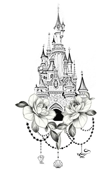 Mickey Mouse Castle Tattoo, Disney Castle Tattoo Design, Disney Back Tattoo, Disney Floral Tattoo, Disney Mandala Tattoo, Château Disney, Disney Thigh Tattoo, Disney Castle Drawing, Disney Castle Tattoo