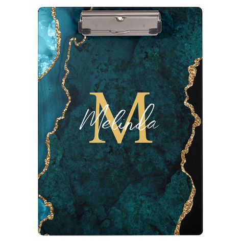 Teal Blue and Gold Faux Glitter Agate Clipboard Resin Clipboard, Diy Clipboard, Clipboard, Gold Marble, Marble Stones, Teal Blue, Resin Crafts, Blue And Silver, Sign Poster