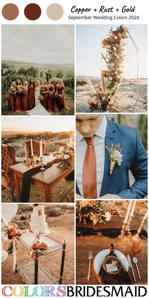 September Wedding Colors Schemes, Chic Wedding Theme, September Wedding Colors, Chic Wedding Inspiration, Bohemian Wedding Theme, Rustic Bohemian Wedding, Rust Bridesmaid Dress, Rusting Wedding, Wedding Color Palettes