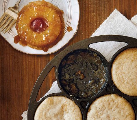 Miniature pineapple upside-down cakes baked in cast iron. Lodge Recipes, Cast Iron Muffin Pan, Mini Pineapple Upside Down Cakes, Drop Biscuits Recipe, Mini Cake Pans, Foods With Iron, Iron Recipes, Iron Skillet Recipes, Pies Maker