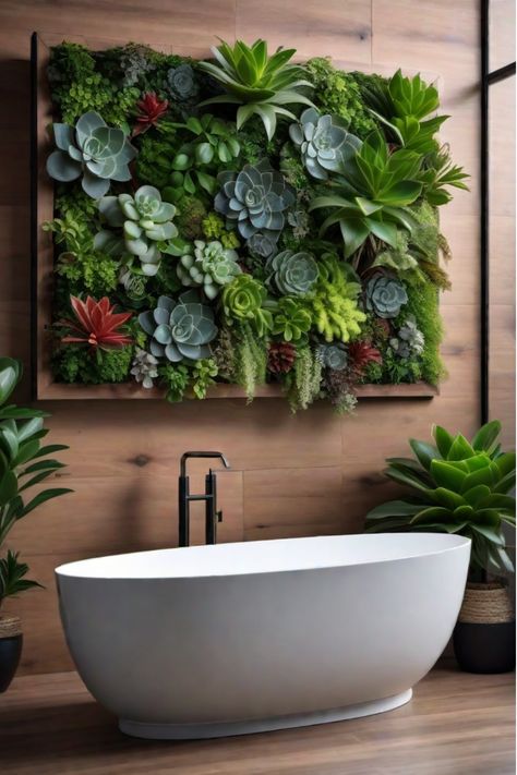 Budget-friendly bathroom decor with plant wall Succulant Planting Wall, Plant Wall In Bathroom, Living Wall Bathroom, Diy Bathroom Wall Decor, Diy Succulent Wall, Diy Plant Wall, Diy Bathroom Wall, Plant Bathroom, Plant Wall Diy