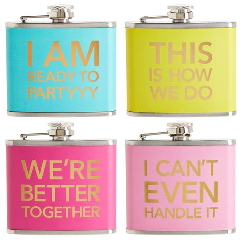 PRICES MAY VARY. Flask Set of 4: This pack of girls flasks features 4 fun and colorful designs such as “I Can’t Even Handle It”, “This is How We Do”, “I Am Ready To Party”, and “We’re Better Together” Get The Party Started: Each cute girly flask makes the ideal party favor at weddings, bachelorette parties, girls night out, fishing, camping, boating, hunting, and hiking Travel-Size: Each girls night out flask holds up to 5 ounces of liquid and measures 3.75 x 0.85 x 3.8 inches, the ideal size fo Bridesmaids Yellow, Girls Weekend Gifts, Girls Trip Gifts, Liquor Flask, Flask Set, Wedding Bachelorette Party, Best Stocking Stuffers, Bachelorette Party Favors, Hip Flask