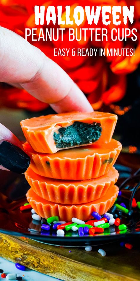 Halloween Peanut Butter Cups - Learn how to make peanut butter cups with this EASY FIVE INGREDIENT RECIPE! With festive Halloween colors, they're sure to be a hit with everyone from kids to adults alike! They keep perfectly for weeks so feel free to make them in advance and pass them out at your Halloween parties and festivities! Savory Halloween Food, White Chocolate Peanut Butter, Fun Meals, Chocolate Blondies, White Chocolate Blondies, Homemade Peanut Butter Cups, Fun Halloween Treats, Averie Cooks, Pumpkin Recipes Easy