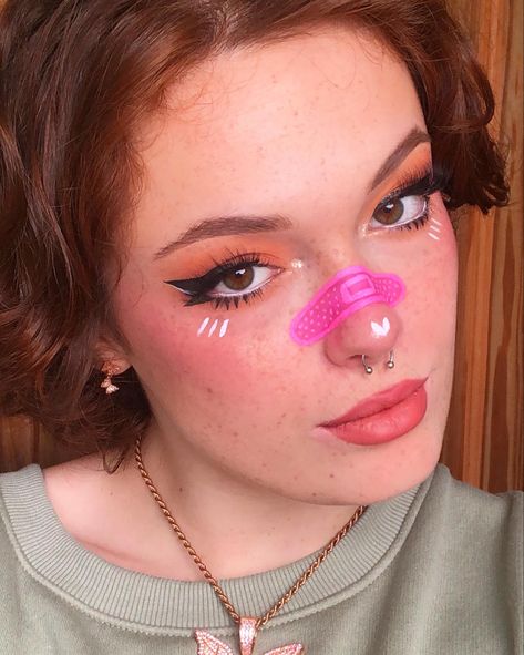 Nose Bandage Aesthetic, Bandage On Nose, Band Aid Makeup Look, Face Covered In Bandages, Face Band Aid Aesthetic, Kawaii Alt Makeup, Colorful Egirl Makeup, Pink Alt Makeup Looks, Makeup For Round Eyes