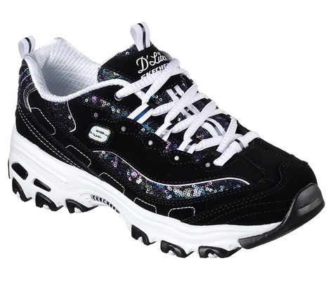 SKECHERS D'Lites - Fame N Fortune shoe.  Smooth leather and sequin fabric upper in a lace up sporty casual sneaker with stitching and overlay accents.  Air Cooled Memory Foam insole. Sketchers Shoes Women, Skechers D'lites, Sketchers Shoes, Skechers D Lites, Sporty Casual, Skechers Women, Sports Footwear, Shoes Uk, Skechers Shoes