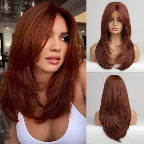 Color: Orange Red Straight Vxu 25 Inches 1. Material: This Short Wavy Curly Hair Wig Is Made Of 100% High-Quality, High-Temperature-Resistant Fiber, Super Soft And Very Skin-Friendly. The Appearance And Touch Are Very Real, Comparable To Real Human Hair, No Tangles, No Hair Algae, No Shedding; Easy To Take Care Of And Can Be Used For A Long Time. 2. New Fashion Wig: This Bob Hairstyle Represents Elegant, Intellectual, Mature And Attractive Women.Easy To Install, Suitable For Beginners, Daily Wor Hair Curtains, Longer Bob, Curtains Bangs, Hairstyles Brown, Haircut Brunette, Haircut Balayage, Balayage Haircut, Hairstyle Long, Grey Blonde