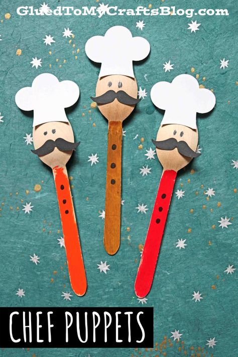 Wooden Spoon Puppets, Kids Fathers Day Crafts, Puppet Tutorial, Spoon Craft, Kids Handicraft, Chef Craft, Puppet Crafts, Kid Craft, Hand Crafts For Kids