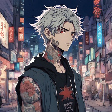 wallpaper,night city,white hair boy,tattoos, Wallpaper Night City, White Hair Boy, Dark Grey Hair, Wallpaper Night, Punk Boy, Hair Boy, Cyberpunk Anime, Anime Military, Boy Anime