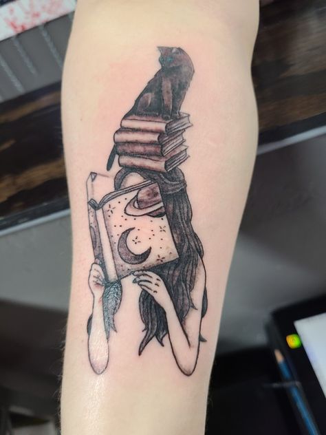 Cat Books Tattoo, Dark Book Tattoo, Reading Books Tattoo, Gothic Book Tattoo, Girl Reading Tattoo, Reader Tattoo Ideas, Cosmic Tattoos, Tree With Birds Tattoo, Bookworm Tattoo