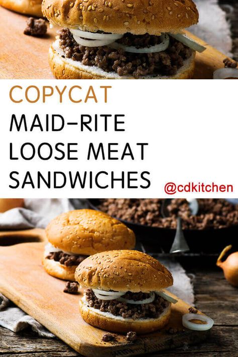 Copycat Maid-Rite Loose Meat Sandwiches - Maid-Rite is an iconic restaurant name in the midwest. Their loose meat sandwich is a favorite (that you can make at home with this highly rated recipe!) | CDKitchen.com Maidrites Recipe, Top Sandwiches, Midwest Food, Midwest Recipes, Loose Meat Sandwich, Maid Rite Sandwiches, Yummy Burgers, Meat Sandwiches, Pumpkin Recipes Dinner