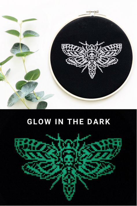 Simple Cross Stitch Moth, Glow In The Dark Cross Stitch Patterns, Oddities Cross Stitch, Alternative Cross Stitch Patterns, Cross Stitch Spooky, Dark Cross Stitch Patterns, Cthulhu Cross Stitch, Glow In The Dark Cross Stitch, Glow In The Dark Embroidery