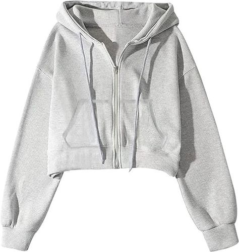 Yimoon Cropped Zip Up Hoodie for Women Waffle Knit Vintage cropped Sweatshirt Casual Long Sleeve Hooded crop jacket(Grey-L) at Amazon Women’s Clothing store Vintage Zip Up Hoodie, Hoodie Gap, Cropped Zip Up Hoodie, America Outfit, Cropped Zip Up, Hoodie For Women, Crop Hoodie, Cropped Sweatshirt, Workout Hoodie