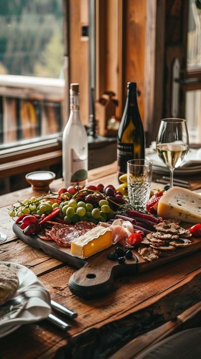 The image depicts a beautifully arranged charcuterie board set against the backdrop of a cozy room with a scenic view. The board is laden with an assortment of gourmet cheeses, succulent cold cuts, and fresh fruits like grapes and strawberries. Accents of nuts and olives add variety to the palette of flavors. The scene is complemented by a selection of wines, with a glass suggesting an ongoing or imminent tasting experience. The ambiance hints at indulgence, relaxation, and the simple joys of fl Winter Wedding Charcuterie Board, Wine And Charcuterie Aesthetic, Wine And Cheese Charcuterie Board, Luxury Charcuterie Board, Wine And Cheese Aesthetic, Aesthetic Charcuterie Board, Charcuterie Aesthetic, Kate Aesthetic, Rustic Charcuterie Board