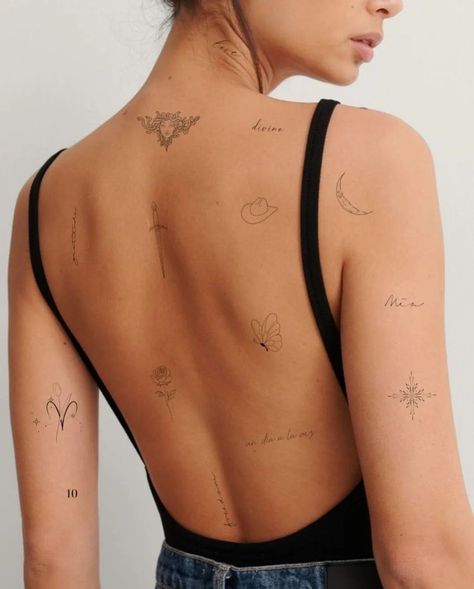 Discreet Back Tattoos, Multiple Back Tattoos Placement, Victoria Paris Back Tattoos, Scattered Back Tattoos Women, Fine Line Back Tattoos For Women, Back Sleeve Tattoo Women, Tattoo Rug Dames, Back Patch Work Tattoo, Rug Tattoo Dames