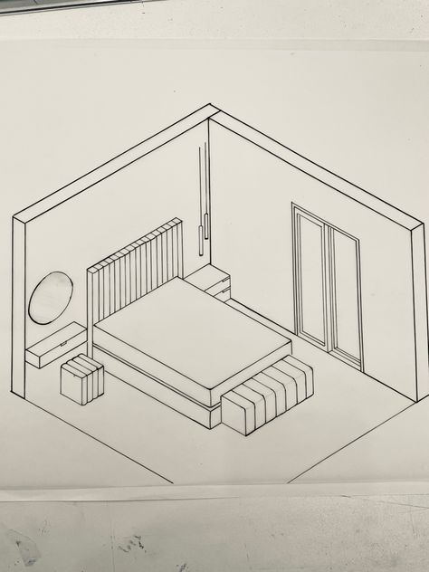 Isometric View Architecture, Isometric View Of Bedroom, Isometric Design Architecture, Isometric Drawing Architecture, 2 Point Perspective Drawing Interior, Isometric Interior Design, Bedroom Isometric, Isometric Furniture, Paper Model Architecture