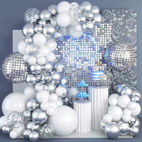 PRICES MAY VARY. ✨Coordinated Party Decorations: 22-inch Disco Foil Balloon x 2, 18-inch Balloon (White x 2), 12-inch Balloon (Silver Confetti x12), 10 inch Balloons (Metallic Silver x 15, White x 25), 5 inch Balloons (Metallic Silver x 12, White x 18), 1 x Balloon Garland Strip, 2 x Rolled Balloon Glue Dots. - Transform your party with our super dazzling Disco decorations! 🎈High-quality balloon materials: All balloons are made from genuine natural latex material, which is safe and harmless. Ou White And Silver Birthday Party, Silver Balloons Decoration, Silver 40th Birthday Party, Disco Balloon Arch, Silver And White Balloons, Silver Christmas Party, Country Music Party, White Themed Birthday Party, Disco Ball Balloons