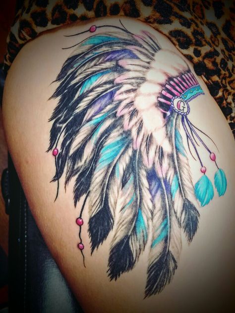 Indian headdress to represent my daughter !! I'm SO in LOVE!! Indian Headpiece Tattoo, Indian Headdress Tattoo Woman, Native Headress Tattoos, Indian Theme Tattoo, Indian Headdress Tattoo Design, Feather Headdress Tattoo, Indian Head Dress Tattoo, Headdress Tattoo Female, Native Indian Tattoo Design