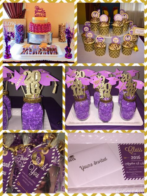 Purple and Gold Theme graduation party...for invitation, thank you tags, centerpieces and cupcake toppers check out the listings on my board. Graduation Party Purple, High School Graduation Party Ideas, Gold Graduation Decorations, College Grad Party, Trunk Party, Graduation Dinner, Senior Graduation Party, Gold Graduation Party, Graduation Party High