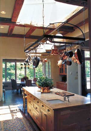 Hanging Kitchen Pot Rack, Hanging Pot Rack Over Island With Lights, Kitchen With Pans Hanging, Hanging Pots And Pans Over Island With Light, Pots Hanging Over Island, Kitchen Island With Hanging Pots, Pot Rack Above Island, Lighted Pot Rack Over Island, Kitchen Island Hanging Rack