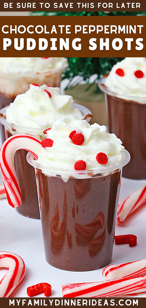 Chocolate Peppermint Pudding Shots Peppermint Pudding Shots, Christmas Pudding Shots, Holiday Pudding, Chocolate Pudding Shots, Pudding Shot Recipes, Alcohol Shots, Pudding Shots, Shots Alcohol, Elegant Desserts