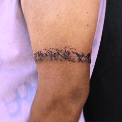 Mountain Range Arm Band Tattoo, Olympic Mountains Tattoo, Mountains Wrap Around Tattoo, Mountain Tattoo Arm Band, Wrap Around Mountain Tattoo, Mountain Band Tattoo Design, Mountain Tattoo On Forearm, Rocky Mountain National Park Tattoo, Mountain Tattoo Band