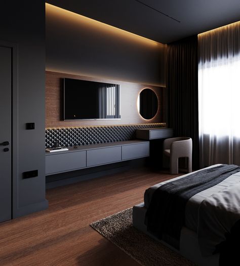 Dark Bedroom Luxury Bathroom Master Baths, Marble Fireplace, Dark Bedroom, Mens Bedroom, Wood Marble, Black Bedroom, Grey Bedroom, Modern Bedroom Decor, Modern Bedroom Design