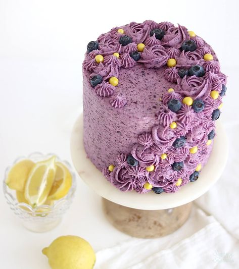 Lemon Layer Cake With Blueberry Buttercream - Sugar & Sparrow Blueberry Cake Decoration Ideas, Blueberry Cake Decoration, Blueberry Buttercream, Lemon Velvet Cake, Buttercream Color, Lemon Cake Mix Recipe, Lemon Layer Cake, Lemon Cake Mix Cookies, Lemon Cake Easy