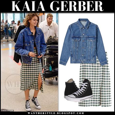 Kaia Gerber in denim jacket and green gingham midi skirt #kaiagerber #streetstyle #streetfashion #style #fashion #outfit #celebrity #model #offduty #casual #airport #italy #rome Midi Skirt And Denim Jacket Outfit, Kaia Gerber Style, Gingham Jacket, Jeans Street Style, Gingham Pants, Denim Jacket Outfit, Midi Skirt Outfit, Italy Rome, Green Gingham