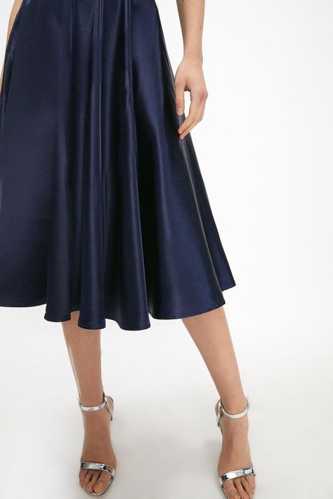 Navy satin skirt outfit