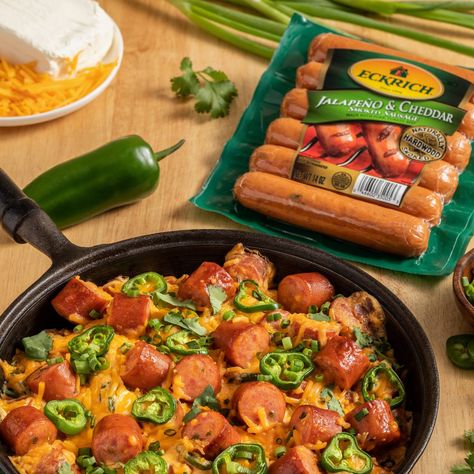 Eckrich® Jalapeño Popper Sausage Skillet | Savory Cheddar Jalapeno Sausage Recipe, Eckrich Sausage, Sausage Skillet Recipe, Sausage Appetizers, Sausage Skillet, Sausage Recipes For Dinner, Smoked Sausage Recipes, Jalapeno Chicken, Classic Bar