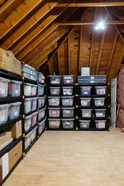 Attic Storage Shelves, Garage Attic Storage, Attic Storage Solutions, Attic Organization, Garage Attic, Garage Loft, Loft Storage, Storage Room Organization, Basement Storage